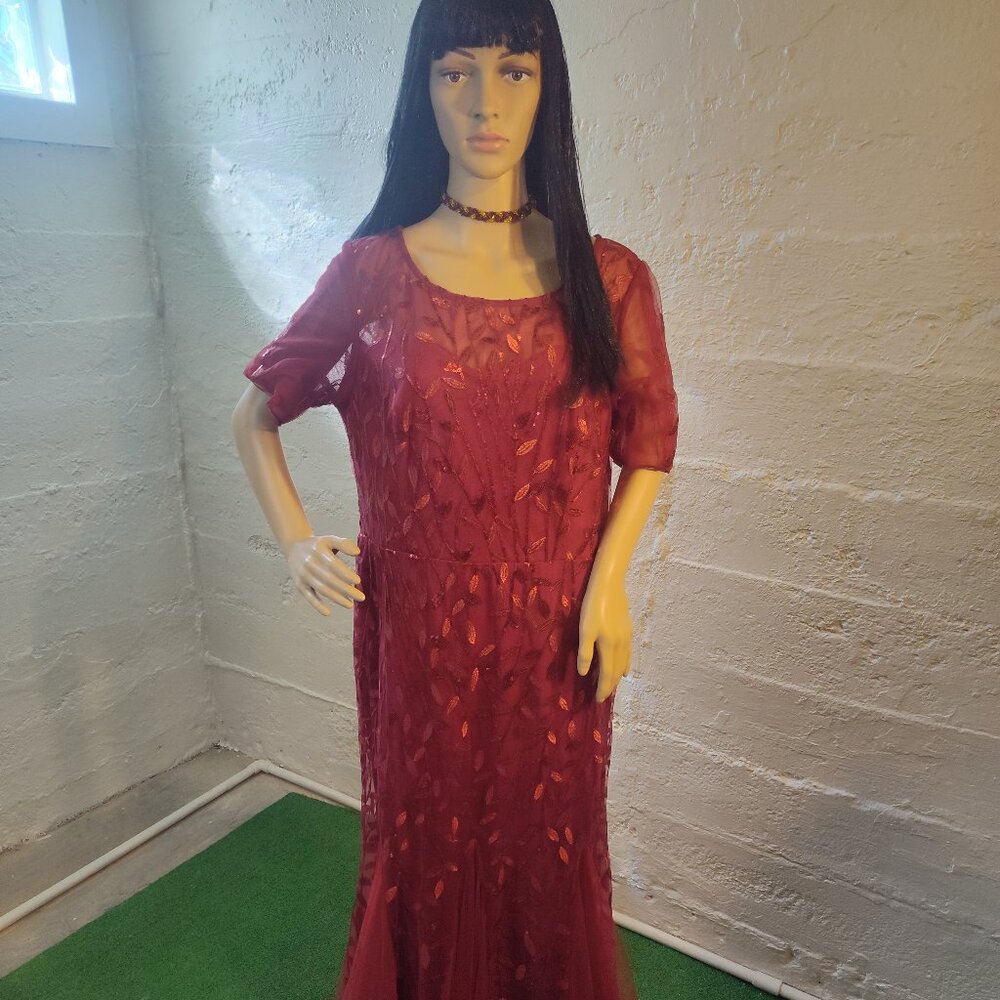 Unbranded Maroon Burgandy Sequin Short Sleeve Mermaid Bottom Gown Zipper Back XL